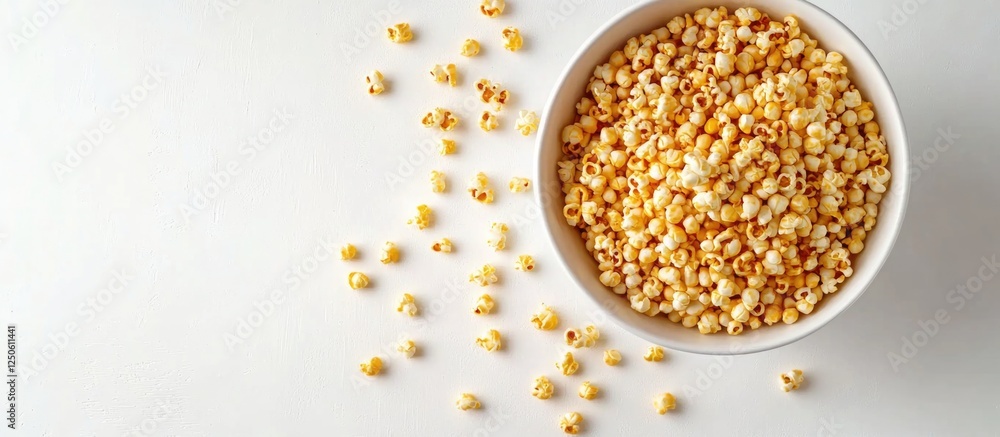 Tasty popcorn in a bowl with scattered kernels on a white background ideal for snack or movie-themed advertising Tasty popcorn in a bowl with scattered kernels on a white background ideal for snack or movie-themed advertising