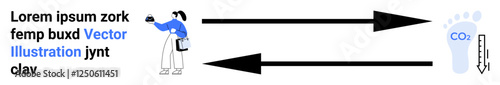 Person analyzing carbon footprint with tools, arrows pointing to measurement and data flow. Ideal for sustainability, climate change, eco-awareness, environmental impact, data visualization, personal