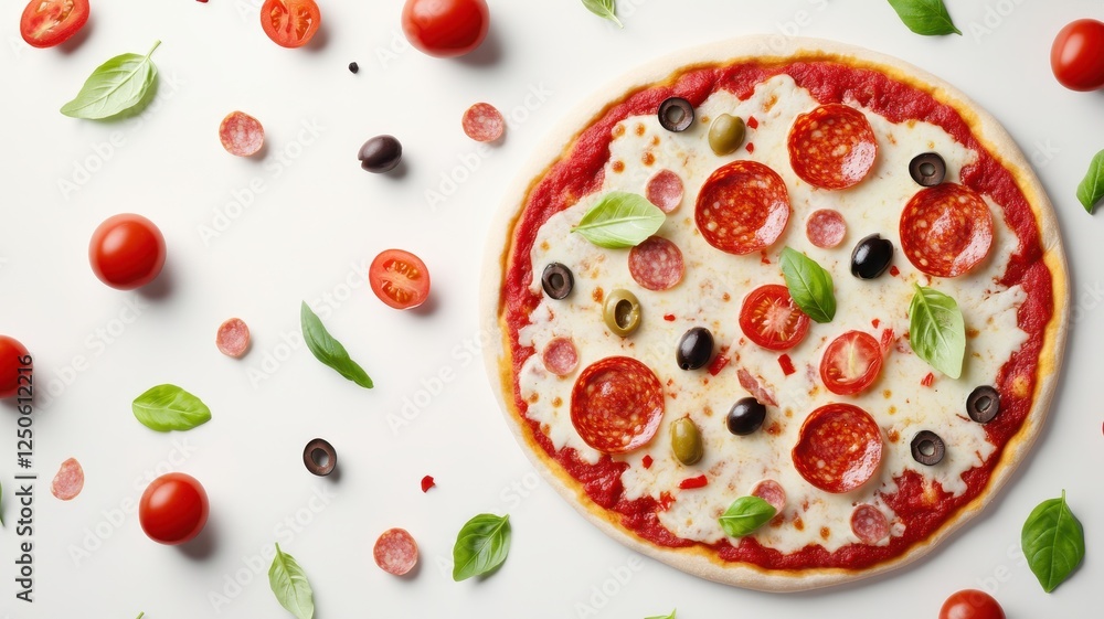 Delicious top view of rectangular Italian fast food pizza topped with mozzarella and salami, perfect for a quick meal. Delicious top view of rectangular Italian fast food pizza topped with mozzarella and salami, perfect for a quick meal.
