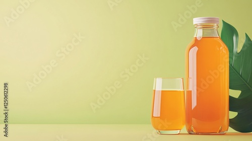 Refreshing Orange Juice in Glass Bottle and Glass on Green Background photo