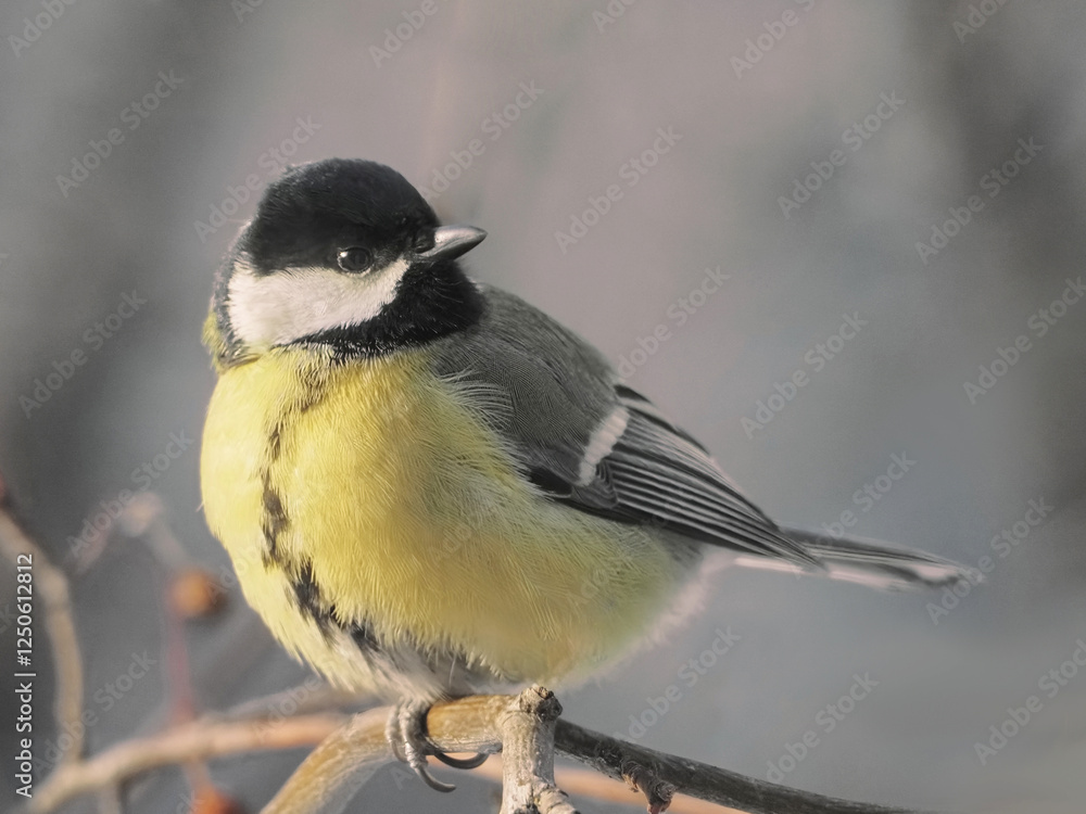 Obraz premium A titmouse perching on a tree branch at a winter day, close-up