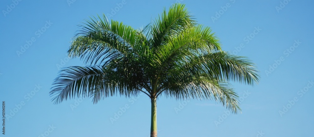 Fototapeta premium Palm tree against clear blue sky with ample copy space for advertising or promotional text. Ideal for tropical or leisure themes.