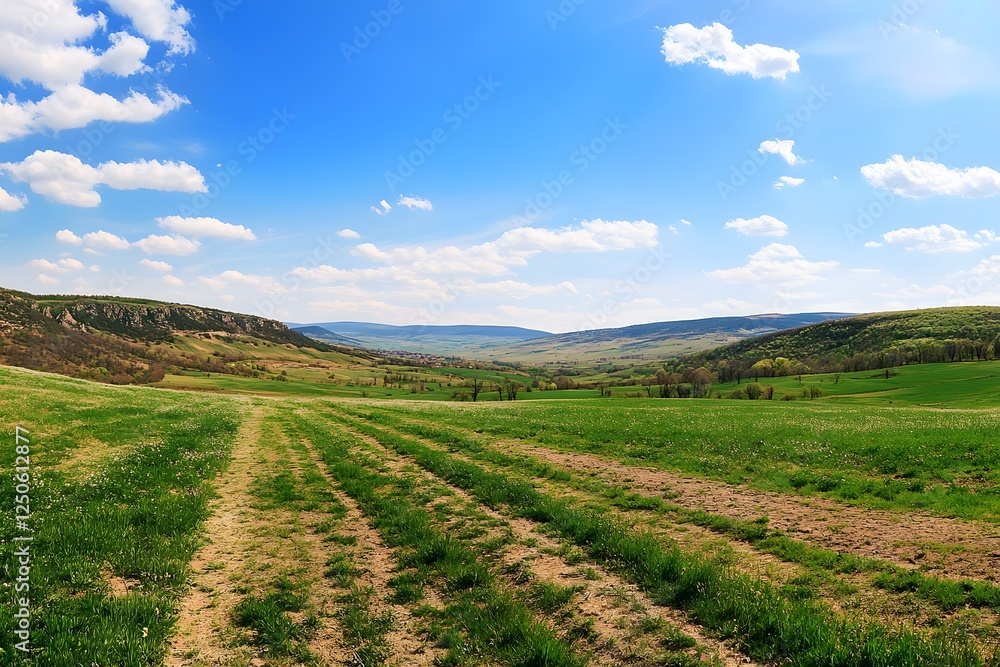 Spring field, tire tracks, valley, sunny sky, pastoral landscape, travel brochure Spring field, tire tracks, valley, sunny sky, pastoral landscape, travel brochure