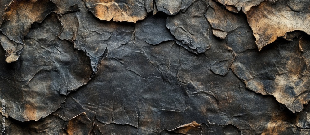 Abstract textured background of charred and burned paper with a dark grunge appearance showcasing layers and depth for creative design use