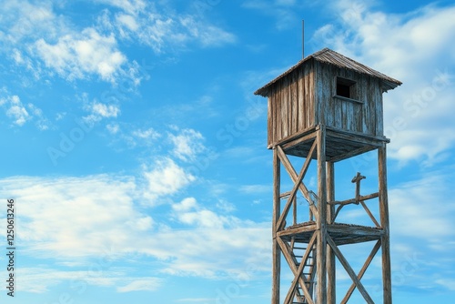 Tall wooden observation tower against a bright blue sky with fluffy clouds. Ideal for themes of nature, adventure, or surveillance. photo