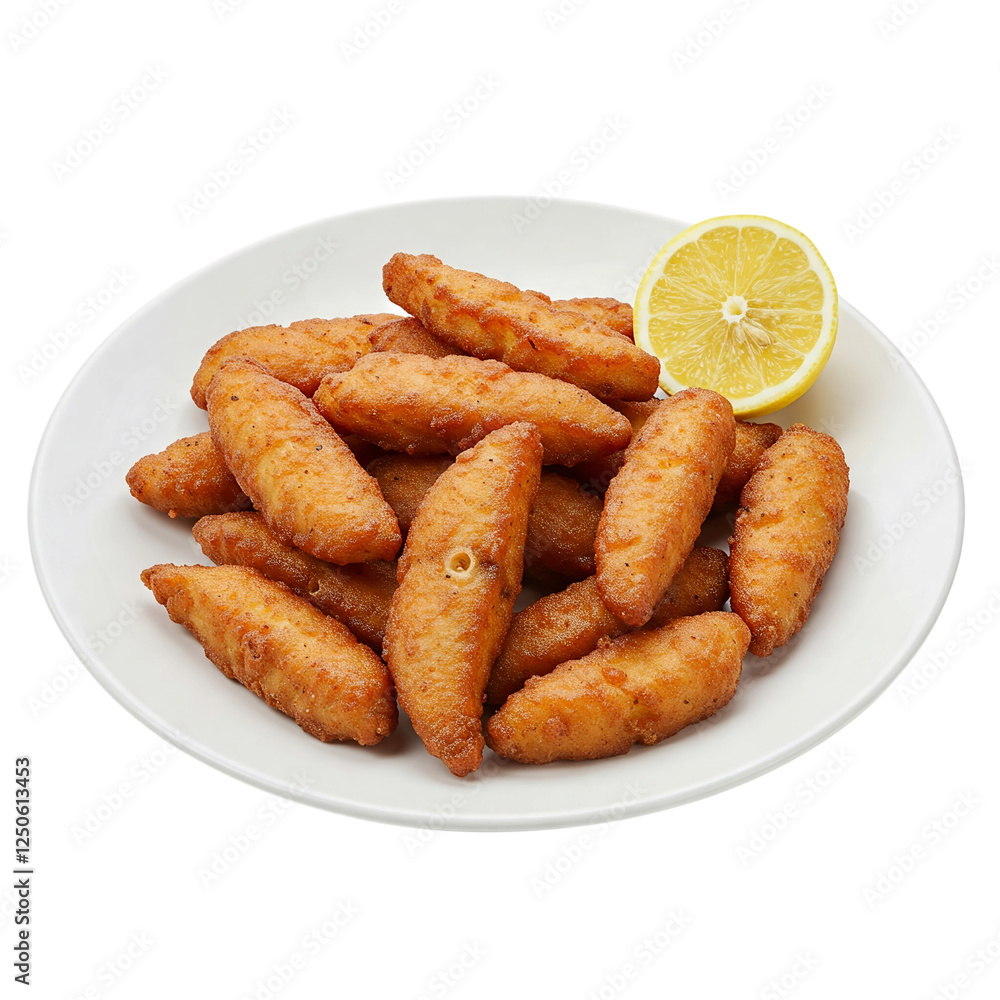 Dry-fried fish with a lemon slice on a plate, on a white background. Dry-fried fish with a lemon slice on a plate, on a white background.