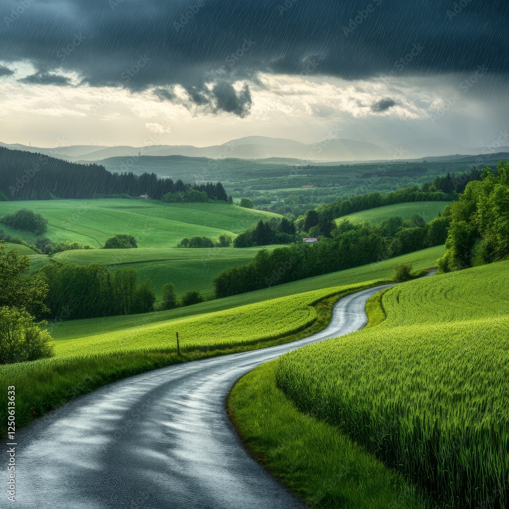 Winding road through green hills under stormy sky