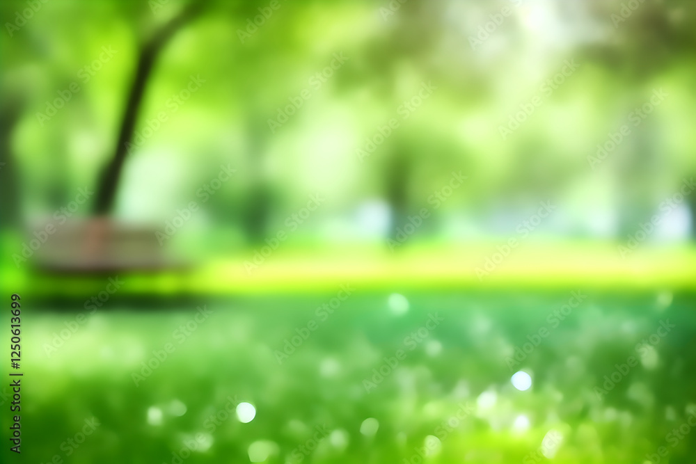 Fototapeta premium Blurred landscape in park with plants and trees on background. Nature with green grass in sun day. Blur natural background