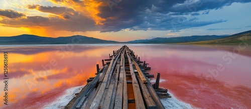 Wooden skeleton remains at sunset over pink Sasyk Sivash salt lake in Crimea with dramatic skies and reflections in tranquil waters photo