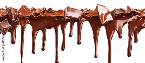 Broken chocolate bar pieces with melted droplets isolated on a white background ideal for culinary or dessert related themes.