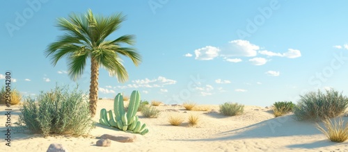 Fototapeta Naklejka Na Ścianę i Meble -  Desert landscape featuring a vibrant palm tree and a cactus under a bright blue sky with scattered clouds and golden sand dunes.