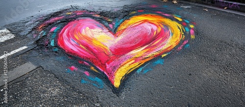 Vibrant painted heart art on asphalt road showcasing colorful creativity and urban expression. photo