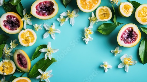 Vibrant teal background featuring passion fruit, jasmine flowers, and citrus for summer cocktail inspiration and tropical vibes photo