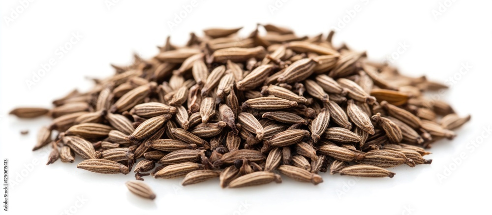 Brown cumin seeds heap isolated on a clean white background showcasing their texture and natural color for culinary and health uses. Brown cumin seeds heap isolated on a clean white background showcasing their texture and natural color for culinary and health uses.