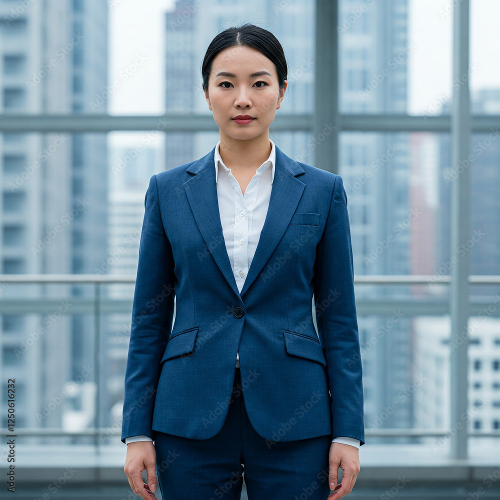 portrait of a confident businesswoman in a office. Ambitious and assertive Asian businesswoman in a blue suit, displaying a focused and determined expression. She projects confidence and authority. portrait of a confident businesswoman in a office. Ambitious and assertive Asian businesswoman in a blue suit, displaying a focused and determined expression. She projects confidence and authority.