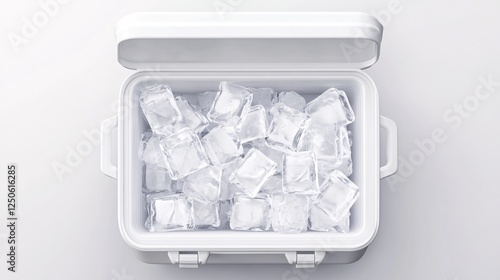 White Plastic Ice Cooler Filled with Ice Cubes, Top View photo