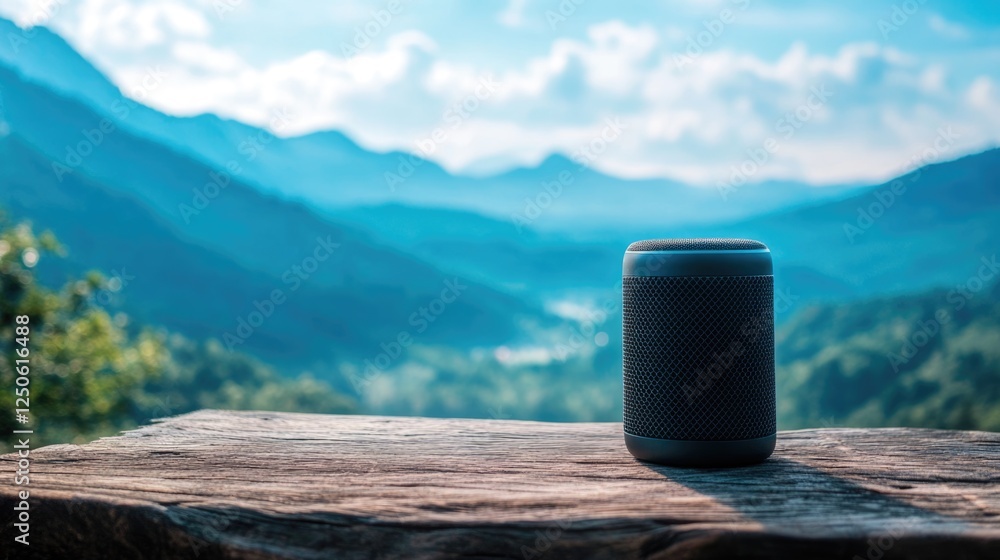 Portable Bluetooth speaker on wooden table with a stunning mountain landscape in the background, perfect for outdoor music enjoyment. Portable Bluetooth speaker on wooden table with a stunning mountain landscape in the background, perfect for outdoor music enjoyment.