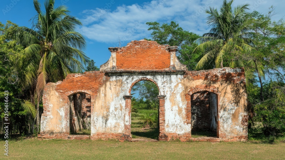 Ancient Brick Structure Surrounded by Lush Greenery Under a Clear Blue Sky Ancient Brick Structure Surrounded by Lush Greenery Under a Clear Blue Sky