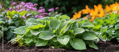 Plectranthus rotundifolius vibrant garden display with lush green foliage and colorful flowers in the background showcasing horticultural beauty. photo