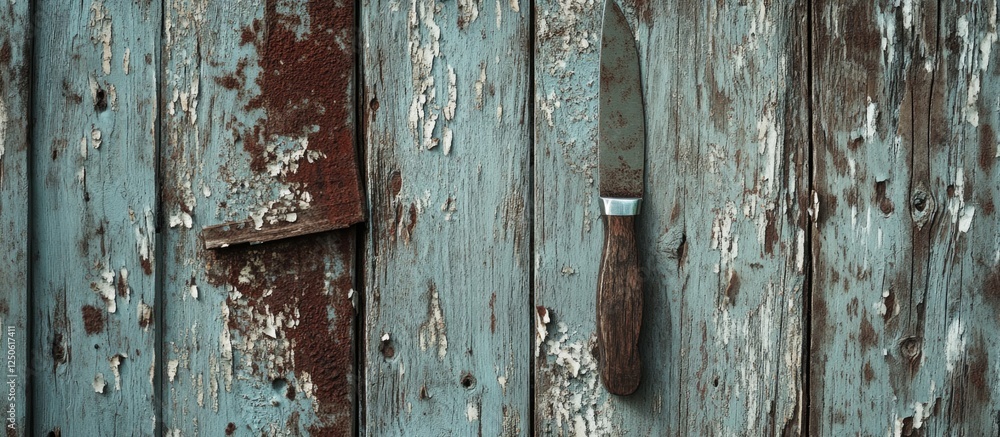 Weathered wooden wall featuring an old knife embedded, showcasing rustic charm and a touch of nostalgia in an artistic composition. Weathered wooden wall featuring an old knife embedded, showcasing rustic charm and a touch of nostalgia in an artistic composition.