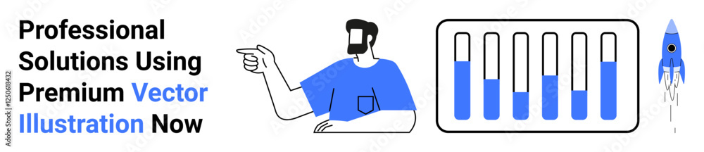 Man gesturing towards progress chart and rocket launch, indicating growth and innovation. Ideal for business, teamwork, marketing, success, goal-setting, analytics, flat landing page banner Man gesturing towards progress chart and rocket launch, indicating growth and innovation. Ideal for business, teamwork, marketing, success, goal-setting, analytics, flat landing page banner