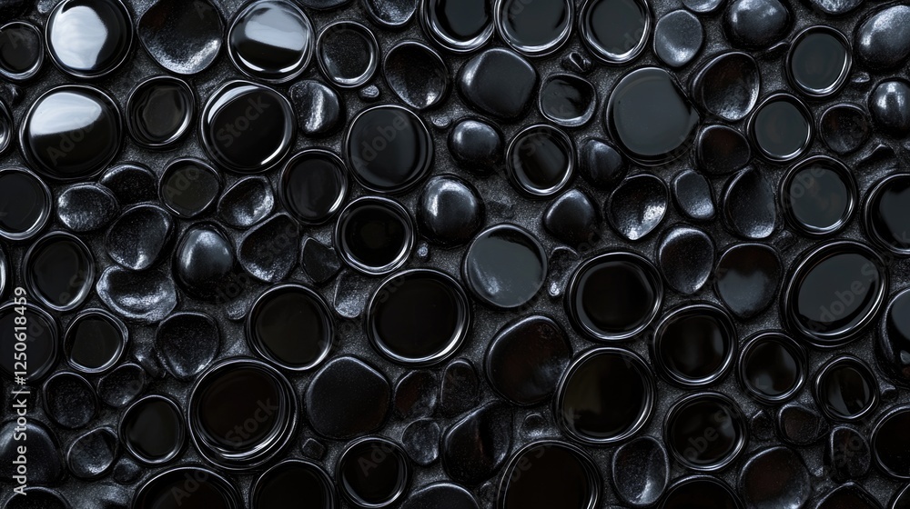 Glossy black circular patterns on a textured surface creating an elegant and modern background ideal for design projects.