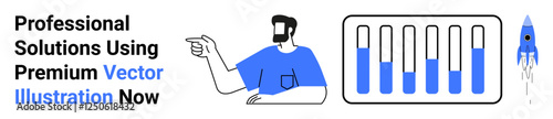 Wallpaper Mural Man gesturing towards progress chart and rocket launch, indicating growth and innovation. Ideal for business, teamwork, marketing, success, goal-setting, analytics, flat landing page banner Torontodigital.ca