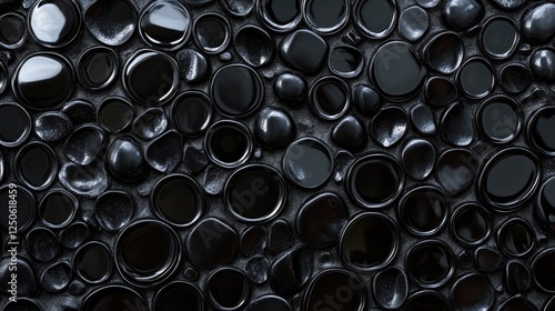 Obraz na płótnie Glossy black circular patterns on a textured surface creating an elegant and modern background ideal for design projects. w salonie