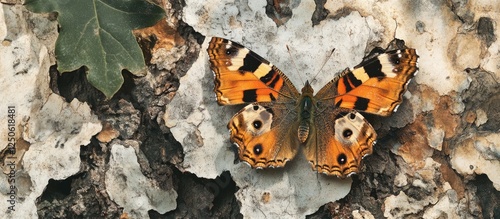 Polygonia c album butterfly resting on textured tree bark showcasing vibrant orange and black wing patterns in natural habitat setting photo