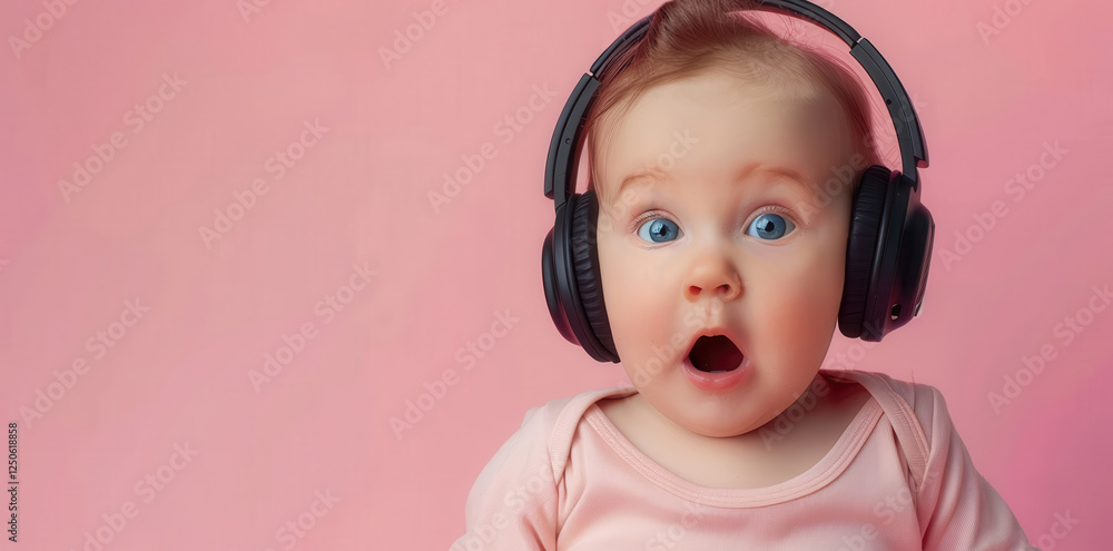 Surprised baby enjoying music with headphones on a light pink background for parent-child bonding Surprised baby enjoying music with headphones on a light pink background for parent-child bonding