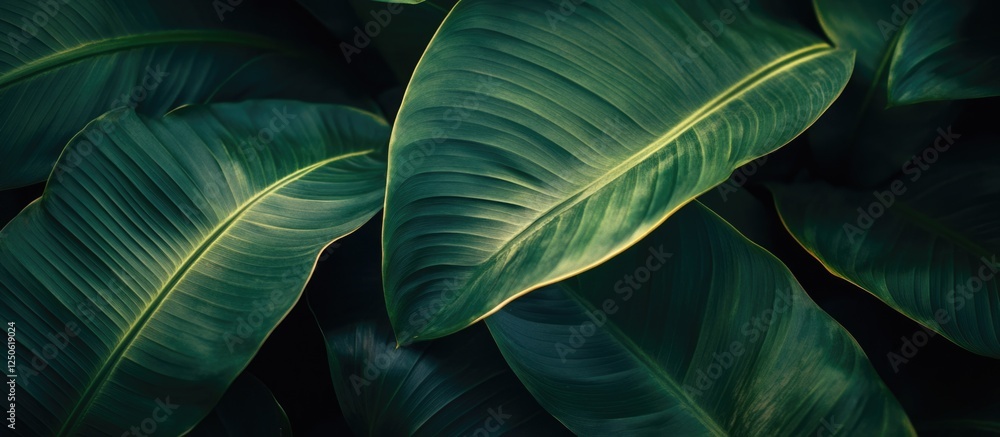 Obraz premium Leaves illuminated from behind creating a dramatic play of light and shadow on lush green foliage in a natural setting.