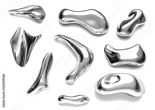 3D render of fluid chrome liquid shapes isolated on white background PNG.AI GENERATED