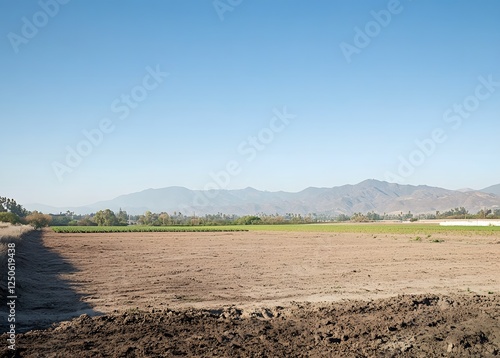 Photo of an empty field. Flat landscape with dirt field and blue sky background,
