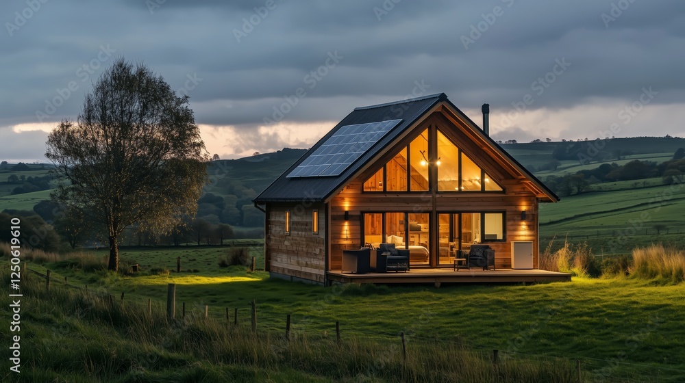 Small wooden cabin with a solar panel on the roof in a picturesque rural landscape surrounded by open fields and greenery under an overcast sky at dusk Small wooden cabin with a solar panel on the roof in a picturesque rural landscape surrounded by open fields and greenery under an overcast sky at dusk