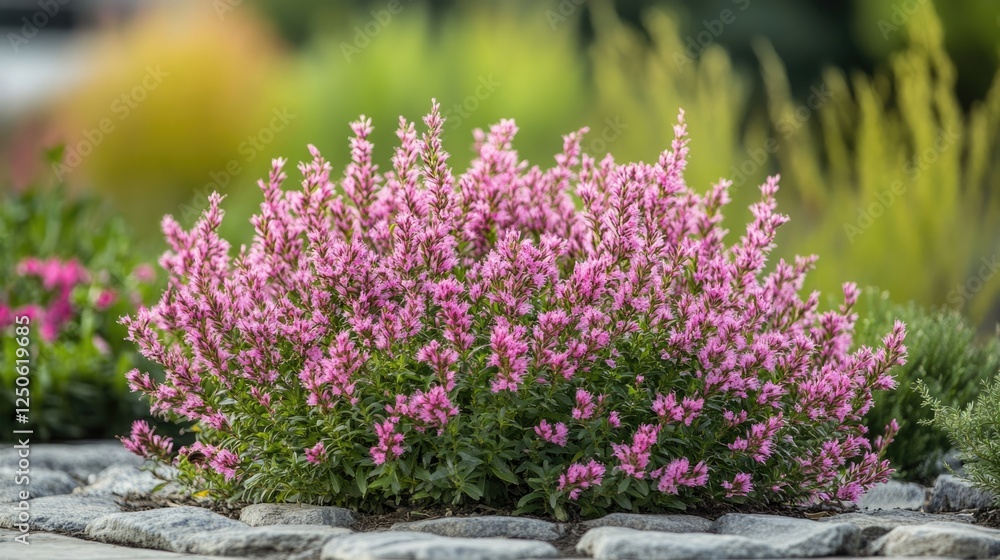 Vibrant pink floral blooms on a lush shrub create a beautiful natural focal point in a garden setting Vibrant pink floral blooms on a lush shrub create a beautiful natural focal point in a garden setting