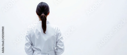 Female doctor in white coat gazing at blank wall space for text in healthcare or medical context portrait image. photo