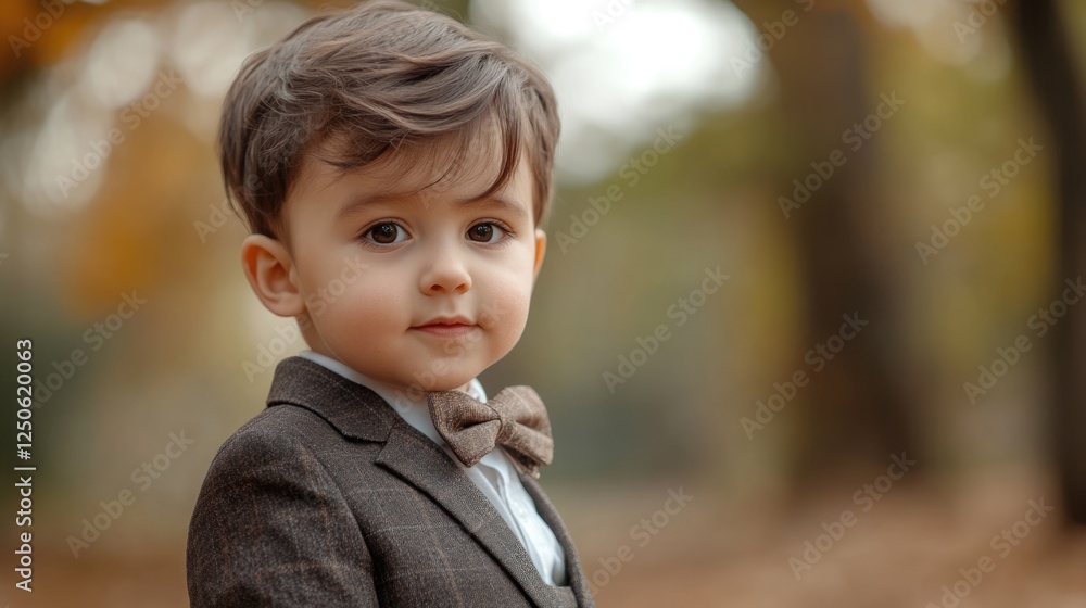 Adorable young boy in elegant formal attire with dark hair and bow tie gazing at the camera amidst a serene outdoor setting. Adorable young boy in elegant formal attire with dark hair and bow tie gazing at the camera amidst a serene outdoor setting.