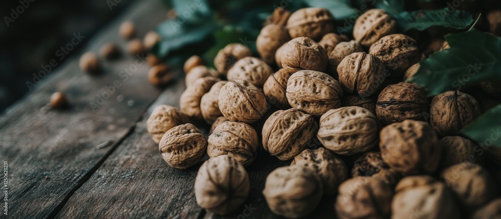 Obraz premium Freshly Harvested Walnuts in Their Shells Arranged on Rustic Wooden Surface with Green Leaves