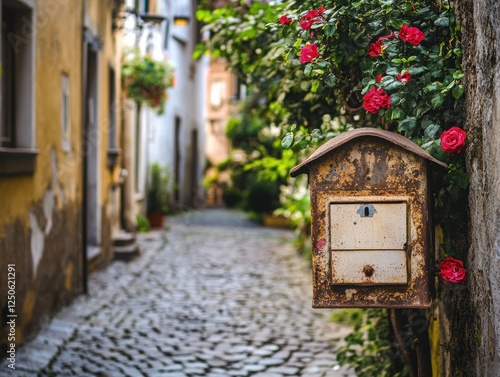 Fototapeta Naklejka Na Ścianę i Meble -   Old mailbox on a narrow European street. 