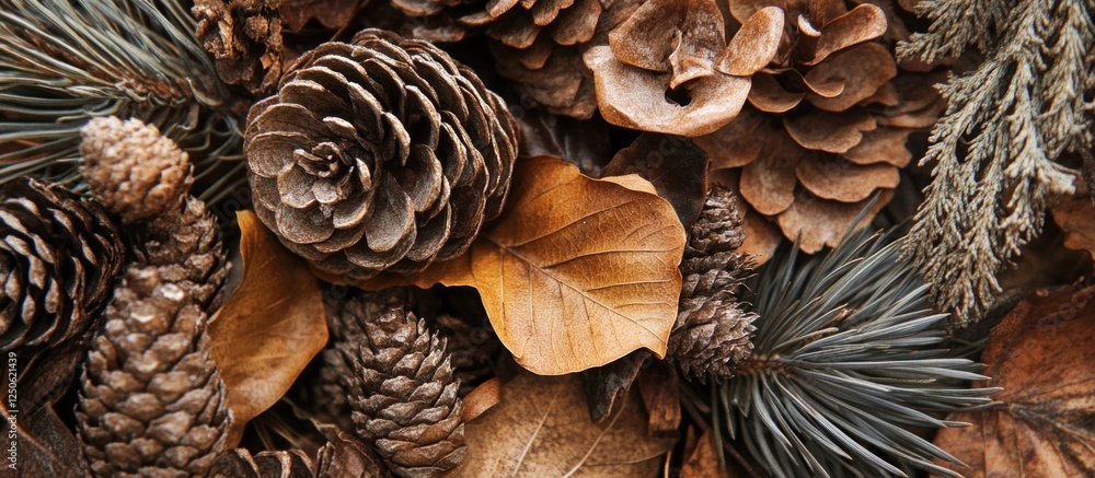 Natural arrangement of dry pine tree leaves and cones showcasing a rustic and organic aesthetic for home decor or seasonal themes Natural arrangement of dry pine tree leaves and cones showcasing a rustic and organic aesthetic for home decor or seasonal themes