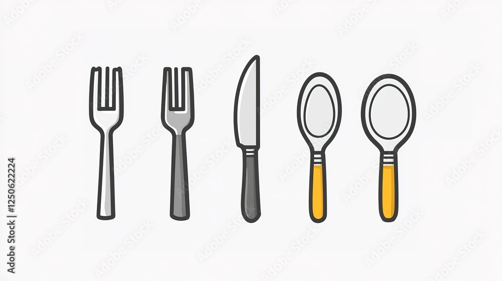 Cooking icons: fork, spoon, knife, plate, chef hat, and tray, isolated on white. Cooking icons: fork, spoon, knife, plate, chef hat, and tray, isolated on white.