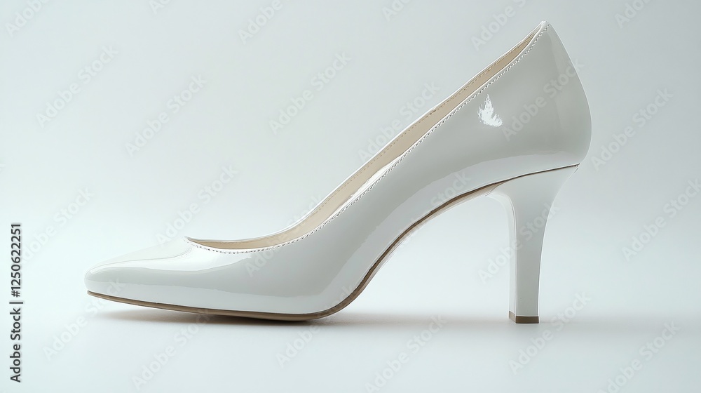 Elegant White High Heel Shoe with Glossy Finish on White Background Elegant White High Heel Shoe with Glossy Finish on White Background