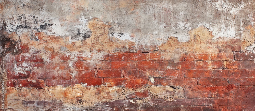 Aged red brick wall with weathered texture and peeling paint for architectural and design backgrounds Aged red brick wall with weathered texture and peeling paint for architectural and design backgrounds