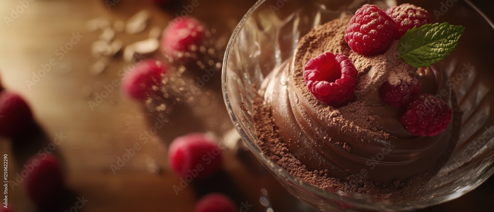 Naklejka premium Chocolate mousse dessert topped with raspberries and mint leaves, elegantly presented in a glass bowl, perfect for food lovers and culinary photography.
