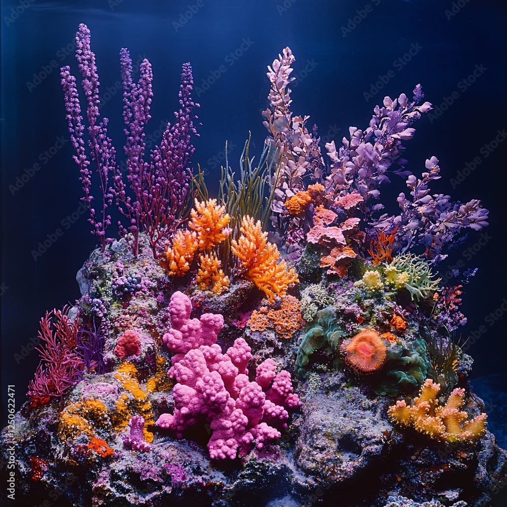 Naklejka premium Vibrant Underwater Coral Reef Ecosystem with Diverse Marine Life