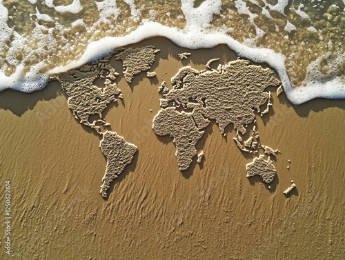  A map of the world drawn in the sand before a wave.  photo