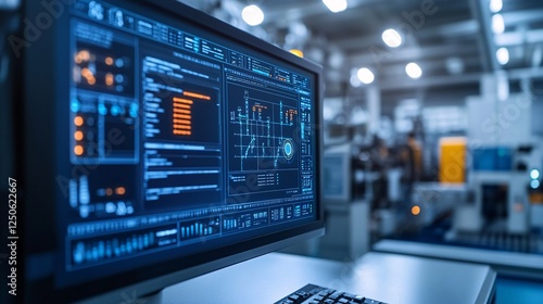 Wallpaper Mural Computer Screen Displaying Data Visualization in Modern Factory Setting Torontodigital.ca