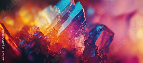 Microscopic view of colorful crystals formed from melted sulfo salicylic acid using polarized light technique in vibrant hues. photo