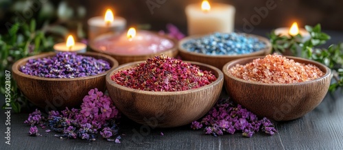 Aromatic potpourri and essential oils arranged with candles for a relaxing spa environment photo