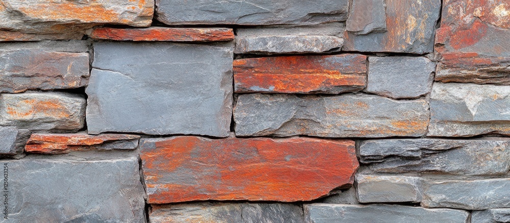 Textured red and gray stone wall creating a rustic background suitable for design, architecture, or landscape projects Textured red and gray stone wall creating a rustic background suitable for design, architecture, or landscape projects